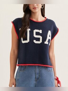 entro Navy USA Knit Sleeveless Top with Red Trim